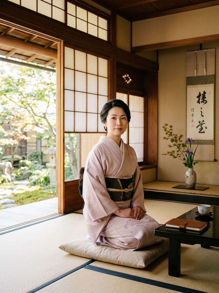 淡色の着物を纏い、静かな知性と品格を湛える女性リーダー